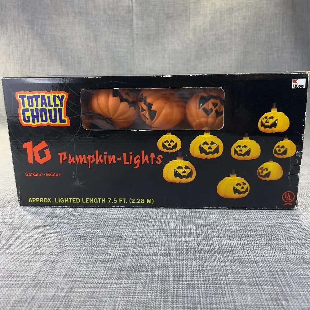 10 Lite Halloween Set String Lights Blow‎ Mold Pumpkins In Box WORKS Vintage